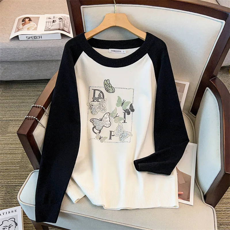 

170 кг, женский бюст 160, осенний свободный пуловер с круглым вырезом и длинными рукавами, свитер-бабочка, вязаный 4XL, 5XL, 6XL, 7XL, 8XL, 9XL