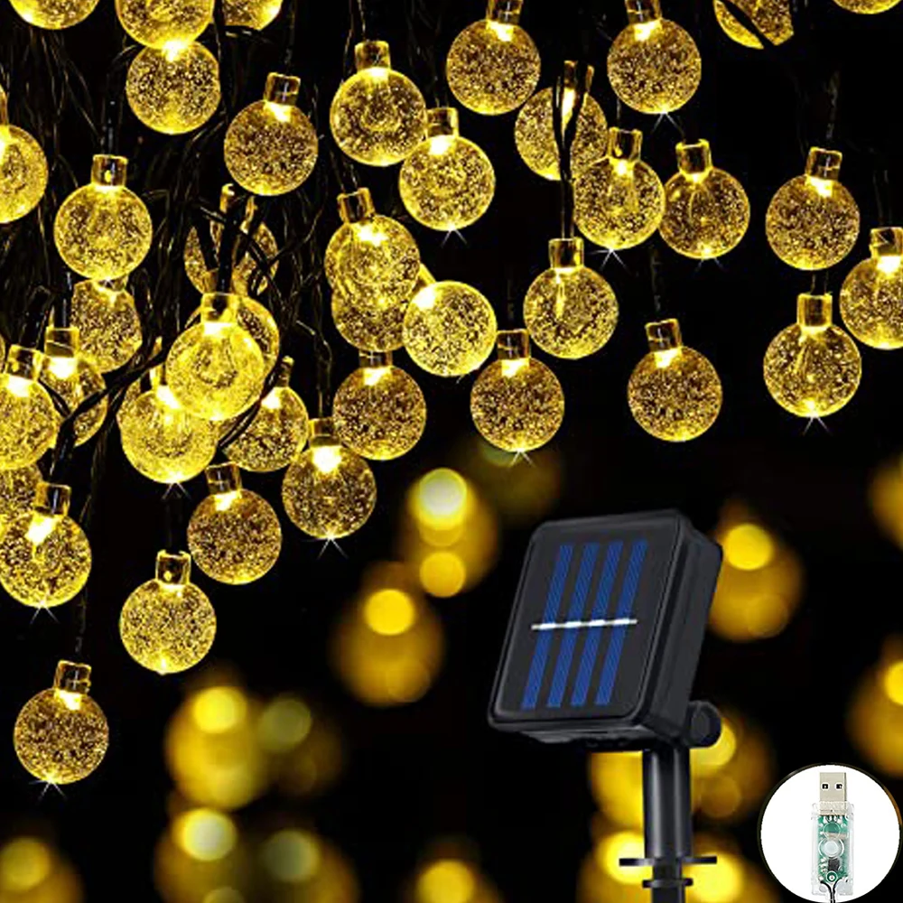 NEW USB LED Crystal ball LED Solar Lamp Power LED String Fairy Lights Solar Garlands Garden Christmas Decor For Outdoor