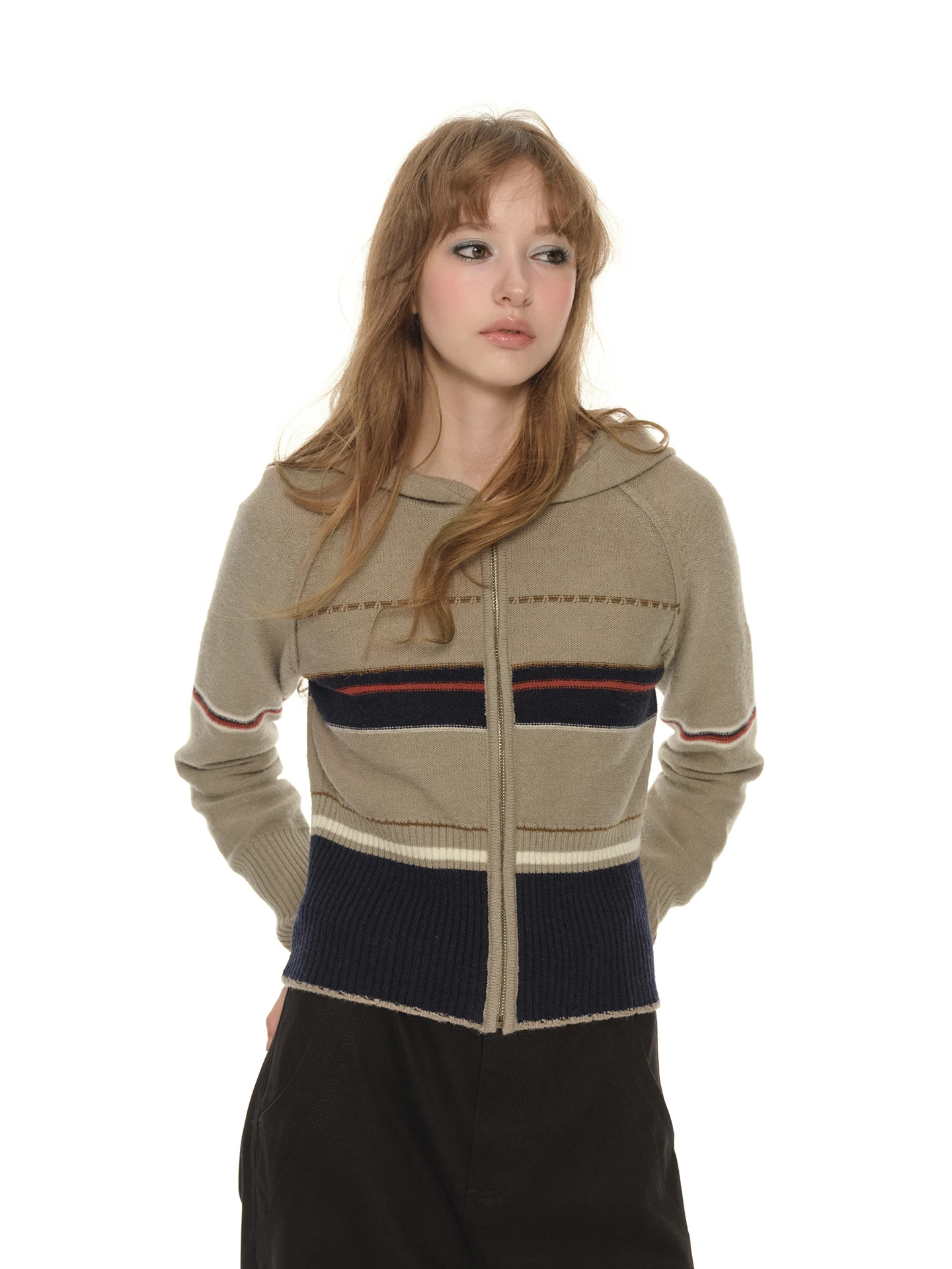 

Винтажный вязаный кардиган UNRETRO с цветными полосками, утягивающий талию, женский, весна-осень, с капюшоном, с вставками на плечах, S...