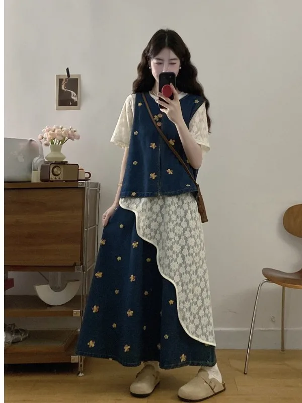 

Новый летний женский джинсовый жилет с цветочной вышивкой и кружевной отделкой, модный комплект больших размеров в корейском стиле