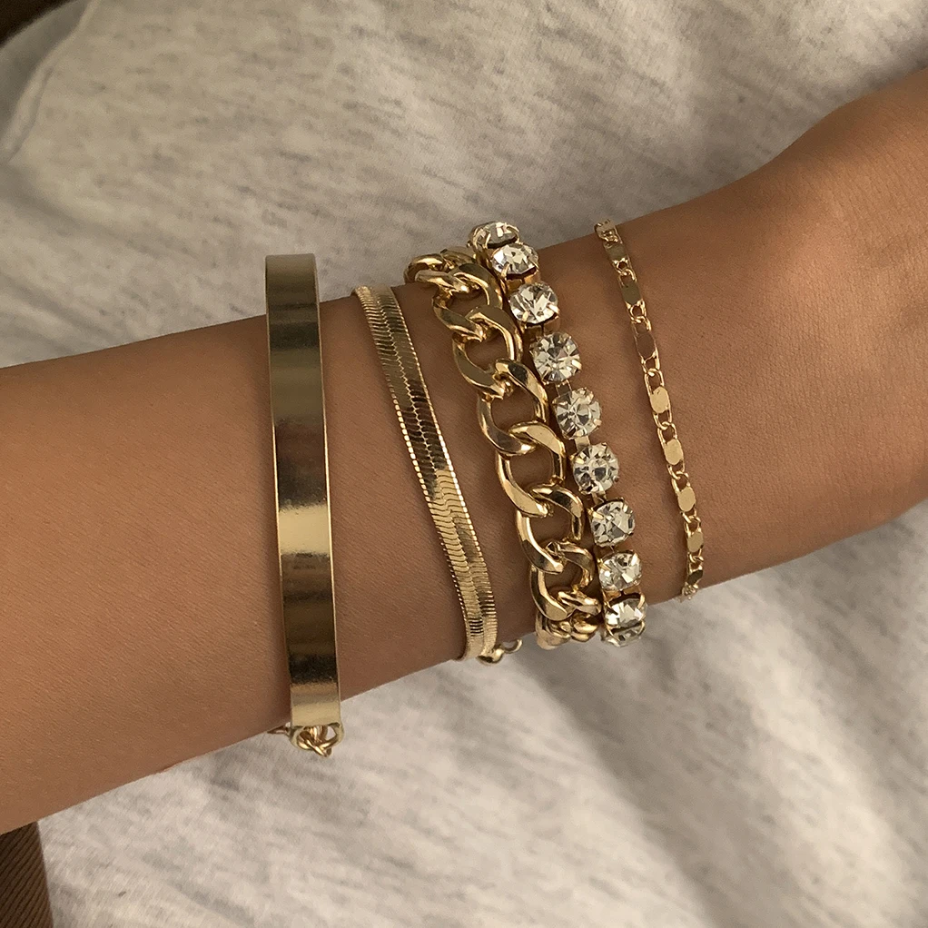 Juego de Pulseras de cadena de diamantes de imitación de Metal pesado Punk para mujeres, brazaletes de cristal ajustables, joyería de mano, regalo Steampunk para hombres