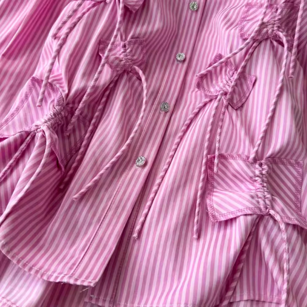 GALCAUR Colorblock Slimming Spliced Stripe Blouse for Women Lapel Long Sleeves Patchwork Diamonds Top Female Clothing New Style