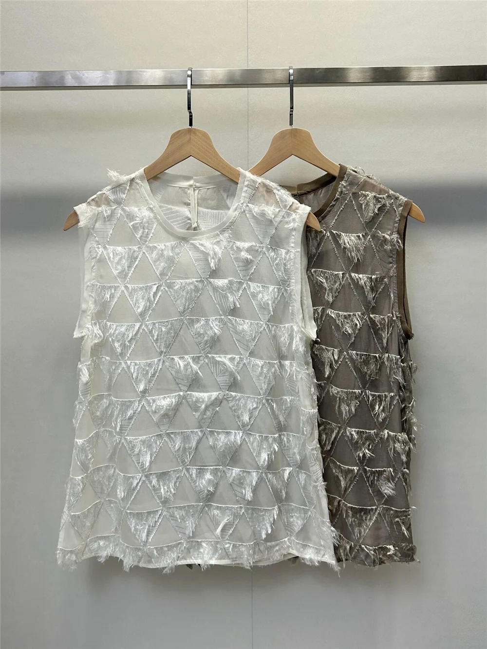 Women's Summer Semi-Sheer Diamond-Patterned Silk Tank Top with Tassels