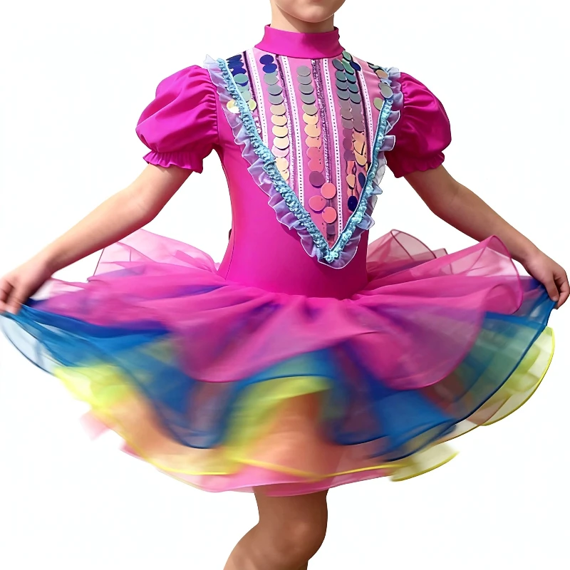 

Детское платье для джазовых танцев, сценический костюм, розовое, для бальных танцев, с пайетками, современное, туту, для девочек, свадебное, принцесса