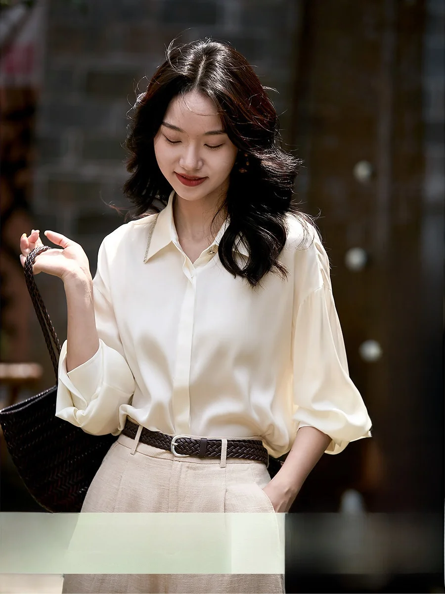 

Elastic Silk Shirt Women's Spring Style Drawstring True Silk Shirt Commute Style OL Fashion Satin BC Pearl Chain Shirt