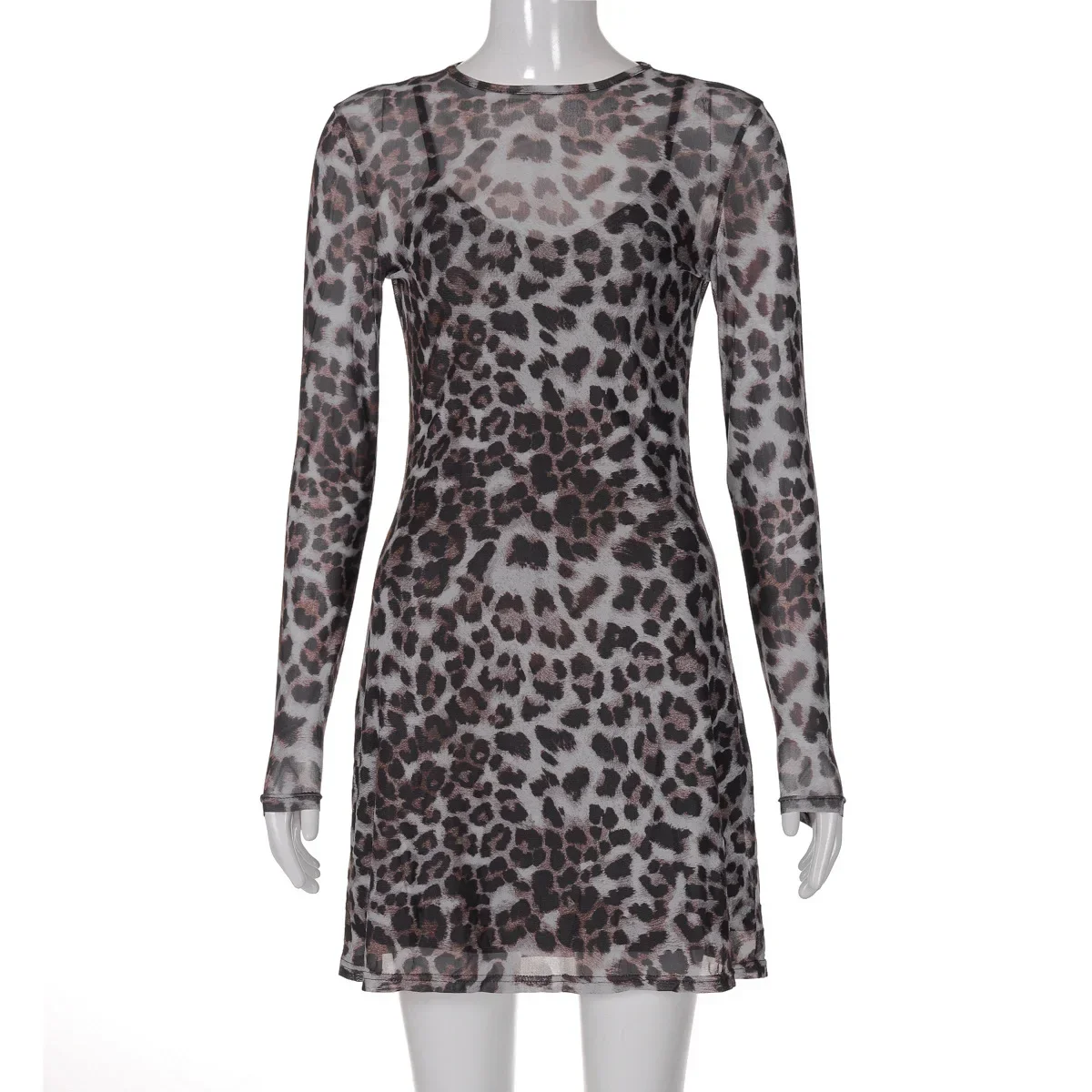 UOSU Elegant Leopard Print Long Sleeve Mini Dresses for Women Party Club Autumn Two Piece Sets Outfits Mesh Dress Vestido