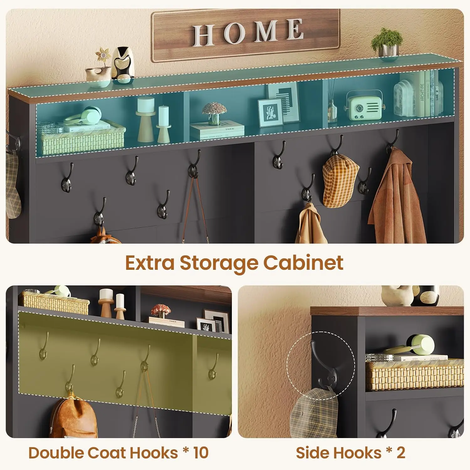 Hall Tree with Bench and Shoe Storage, 5-in-1 Entryway Bench with Coat Rack, 16 Shoe Cubbies & 12 Coat Hooks, Barn, Customized