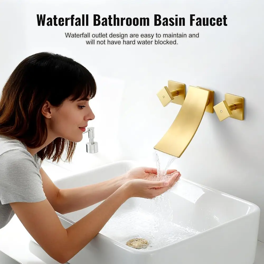 Modern Dual Handle Wall Mount Sink Faucet for Vanity, Lavatory, and Restroom in Brushed Gold Finish with 3 Holes