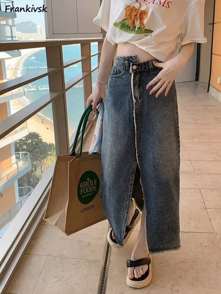 

Women Skirts Denim European Retro Washed Slit-design Streetwear Cozy Soft Stylish All-match Fit Package Hips Long Simple