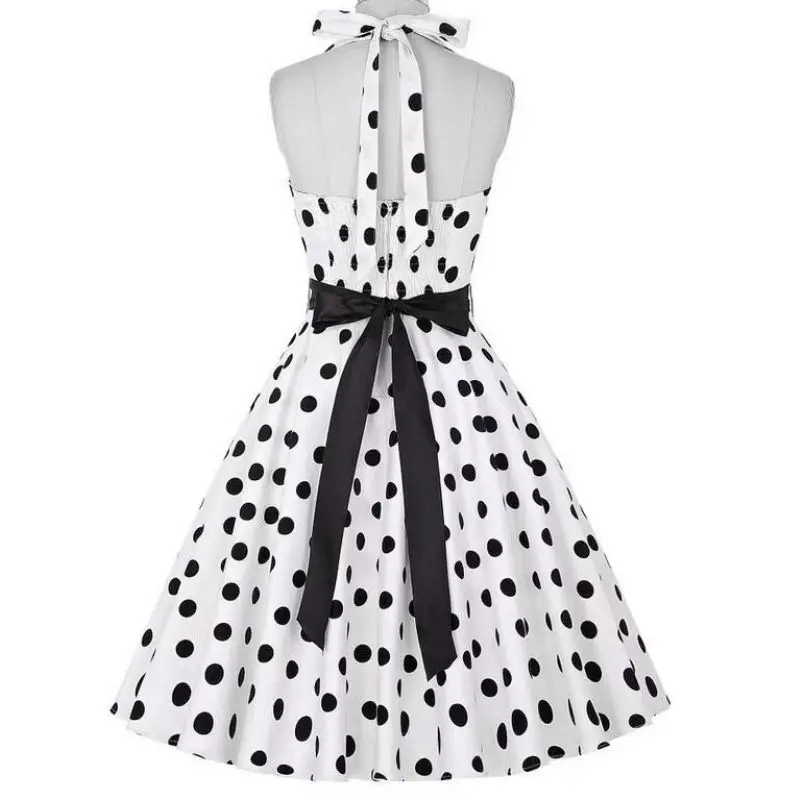 Women Summer Polka Dot Vintage Dress Fashion Party Office Lady Rockabilly Big Swing Halter Clothes