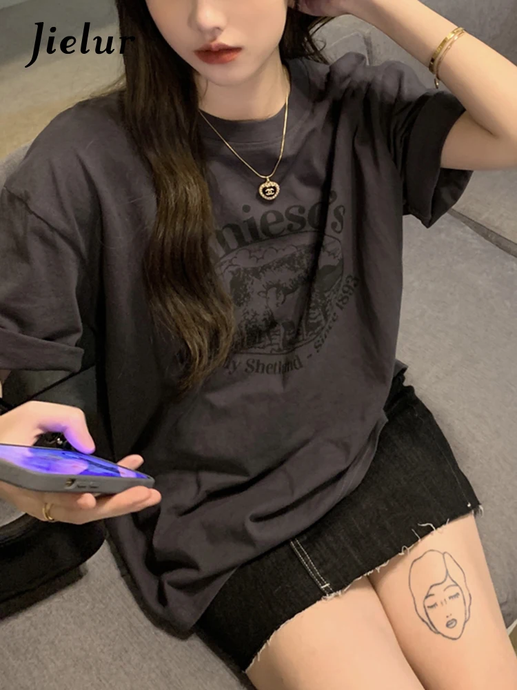 Jielur Letter Print Female T-shirt Summer Fashion Loose T Shirts Women Short Sleeve Cool Young BF Harajuku Top Dark Grey