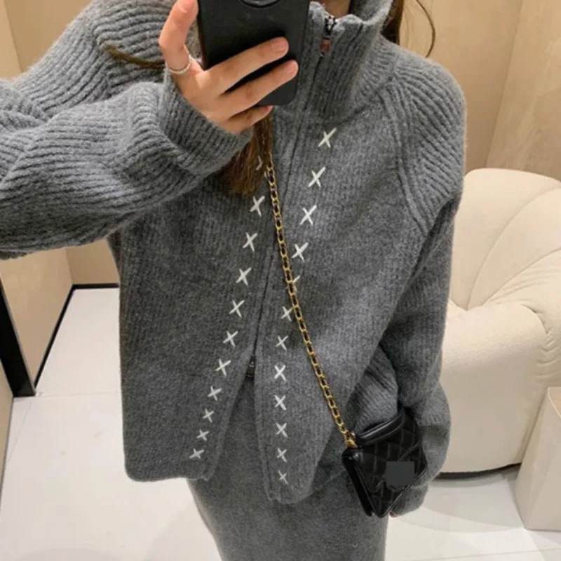 Fashion Basics Solid Dress Sets Women Knitted Elastic Long Skirt Long Sleeved Turtleneck Zipper Knitted Cardigan Autumn Winter