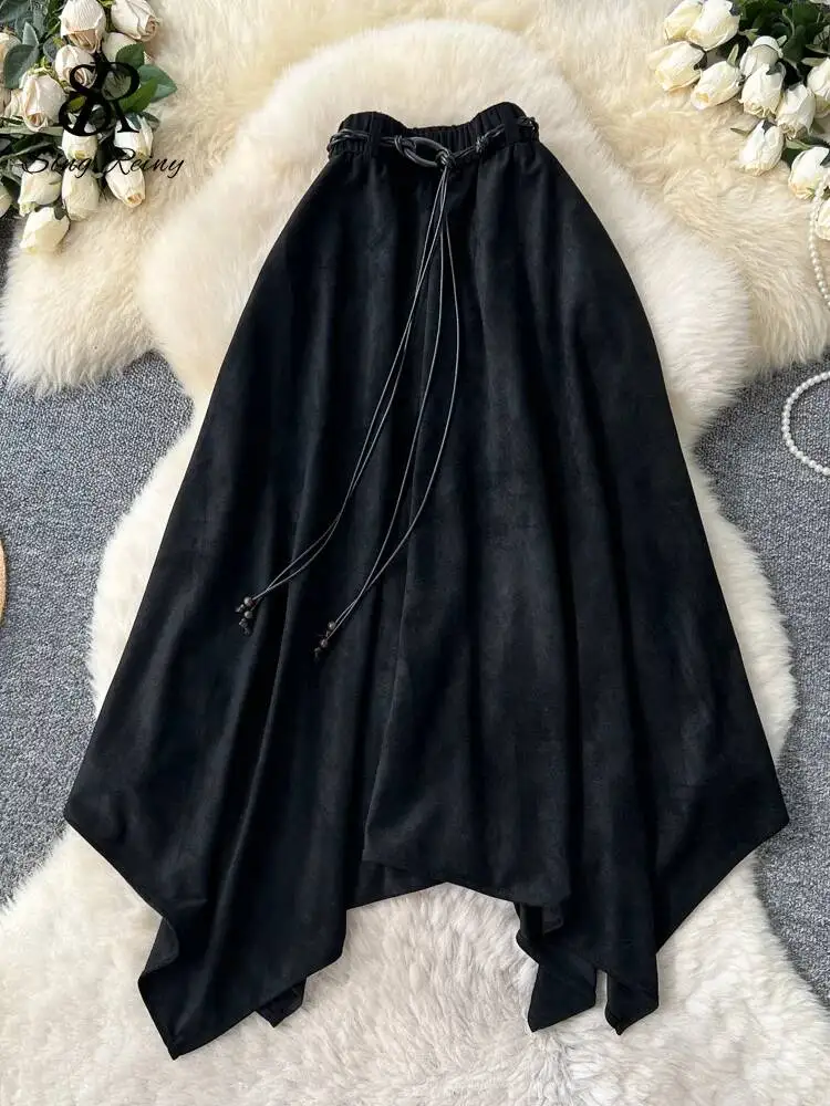 Falso camurça boêmio saia vintage outono cintura elástica faixas soltas sólidas mulheres bainha irregular moda saia longa