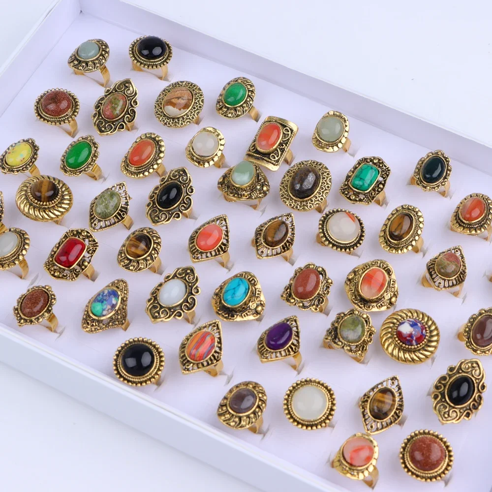 

Wholesale Lots Bulk 20Pcs Vintage Stone Flower Patten Open Rings For Women Fashion Adjustable Jewelry Party Gift Wedding
