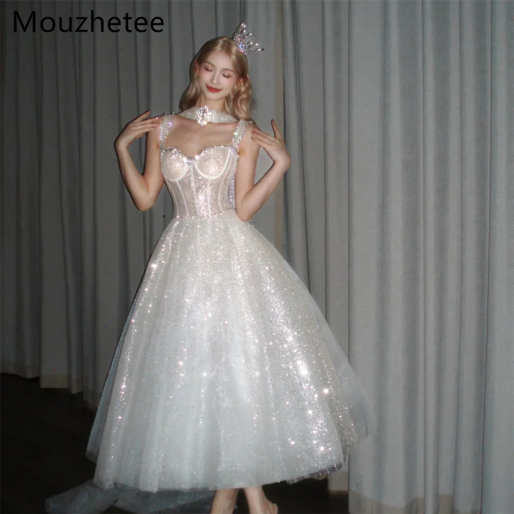 Mouzhetee A-Line Shiny Spaghetti Strap Pleat Wedding Dresses Simple Sleeveless Brides Gown Custom Made 2026