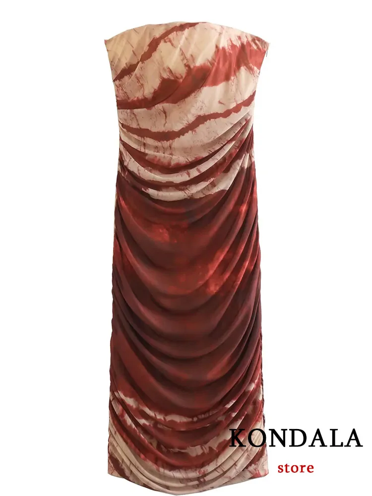 KONDALA Vintage Casual Elegant Women Dress Strapless Printing Long Fold Zipper Vestidos Fashion 2022 Autumn Female Party Dress