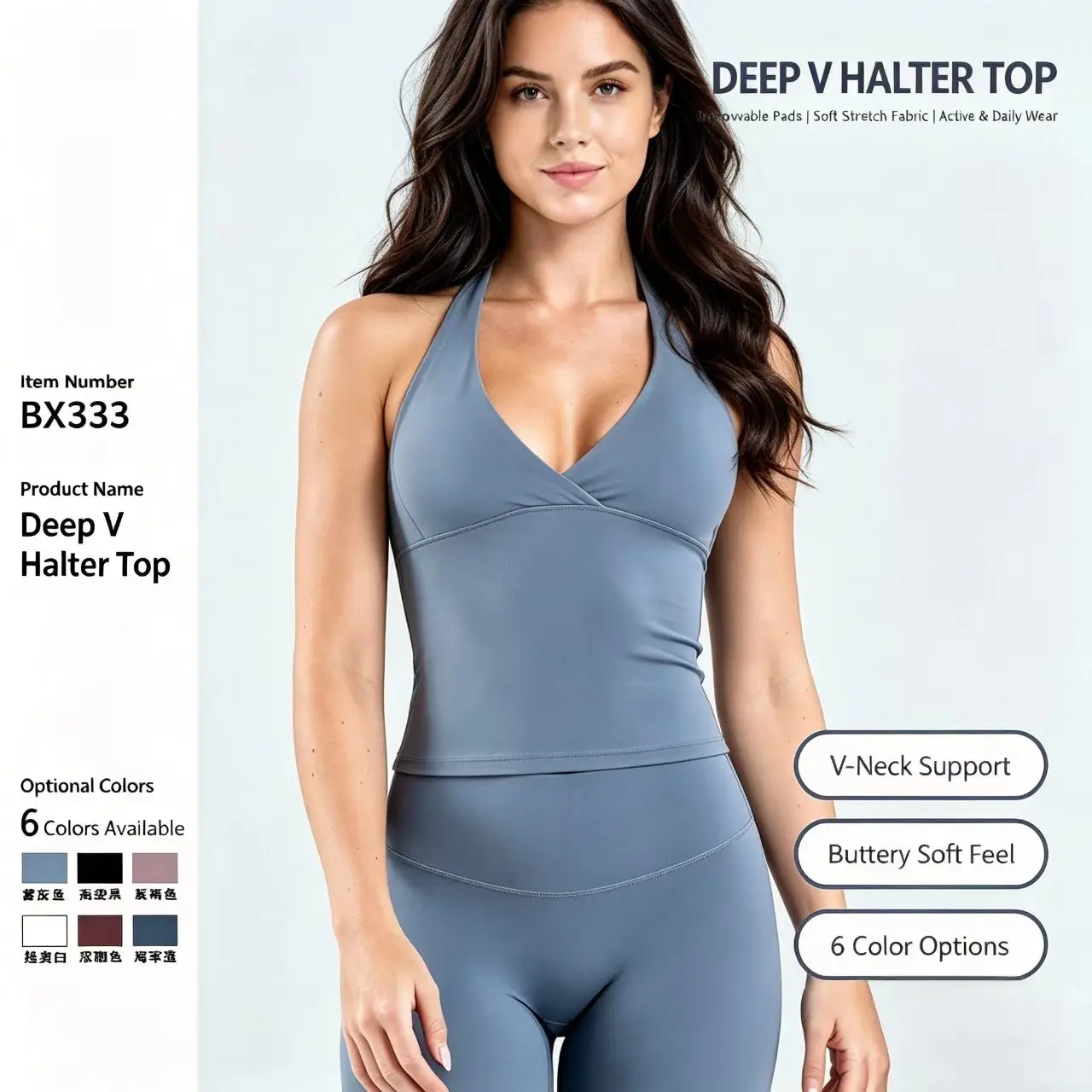 Bra Halter V-Neck Yoga Tank Top with Built-in Bra, Longline Workout Cami with Removable Pads for Pilates Gym