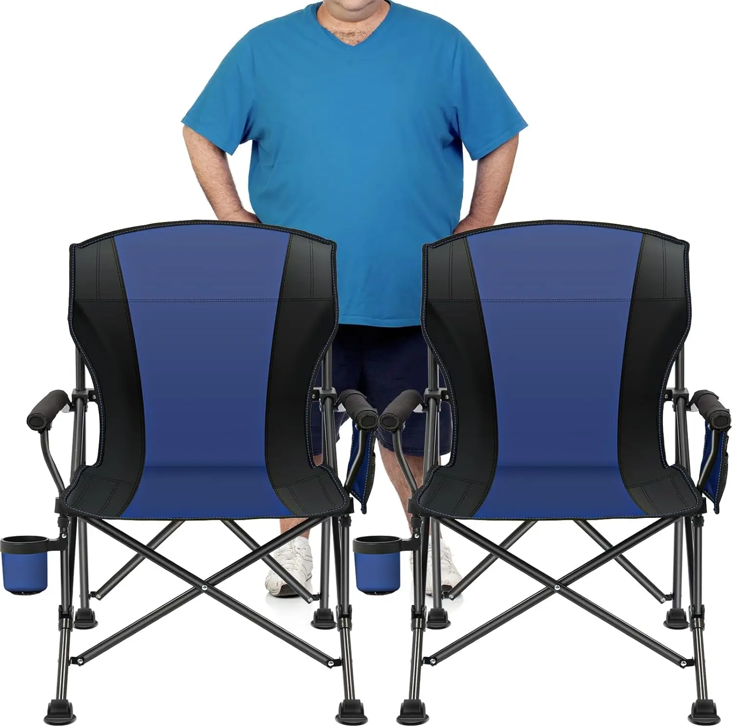 2-Pack Heavy Duty Folding Camping Chairs for Adults, Supports 450 LBS with Side Pockets, Blue-Black