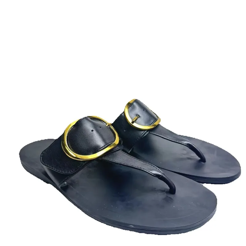 

2024 Summer Sandals Black Buckle Cow Leather Sandals Flat Clip Feet Sandals Women's New Casual Slippers Beach Slippers