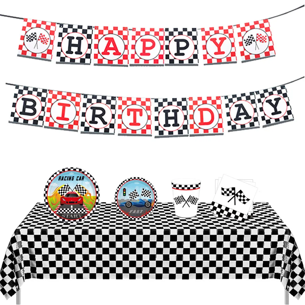 Cartoon Racing Car Disposable Tableware Plates Cups Napkins Tablecloth Children Boys Racing Theme Birthday Party Decor Supplies