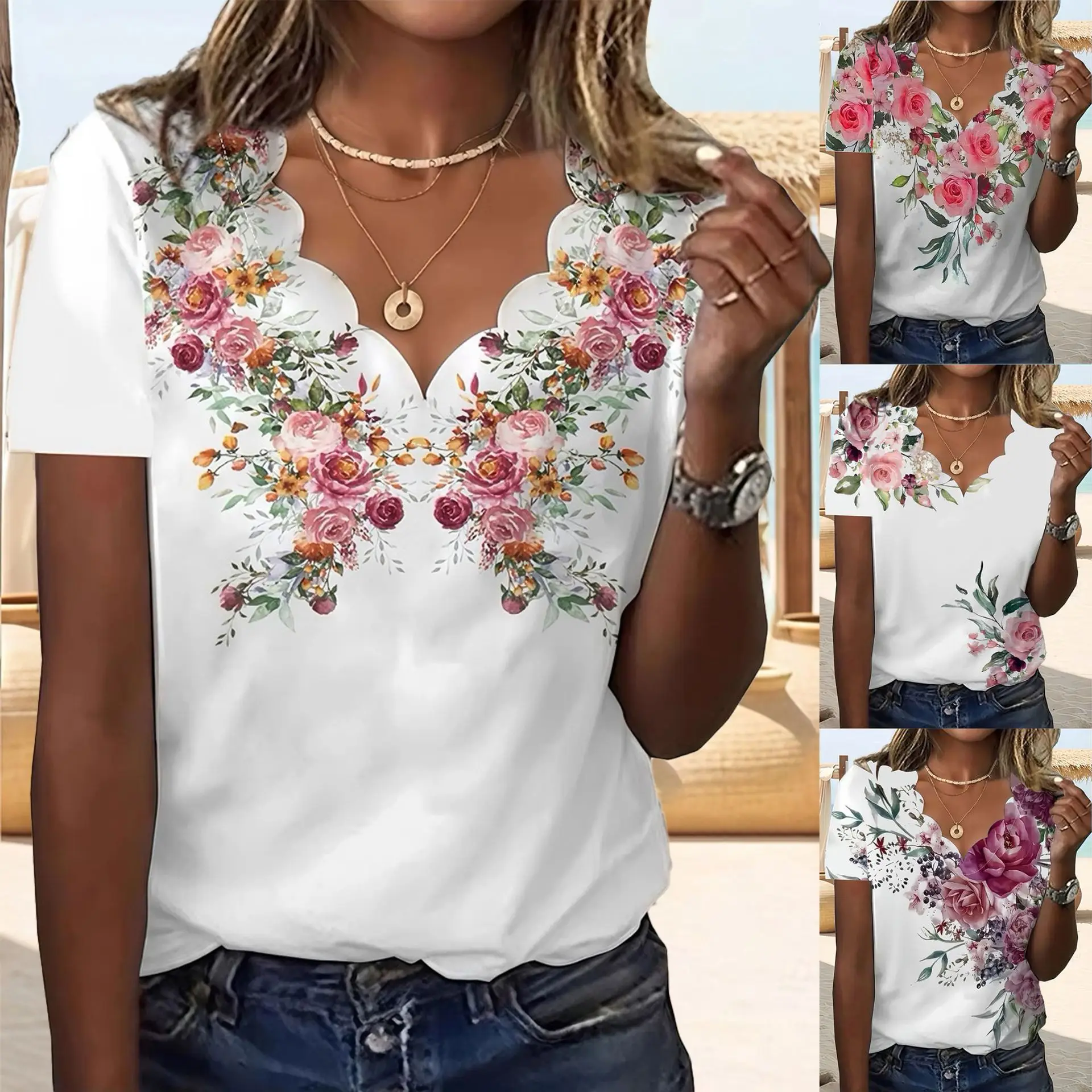 Women T-Shirt 3D Flowers Print Wave V-Neck Casual Ladies Tee Summer Female Tops Harajuku Short Sleeve Fashion Plus Size Clothes
