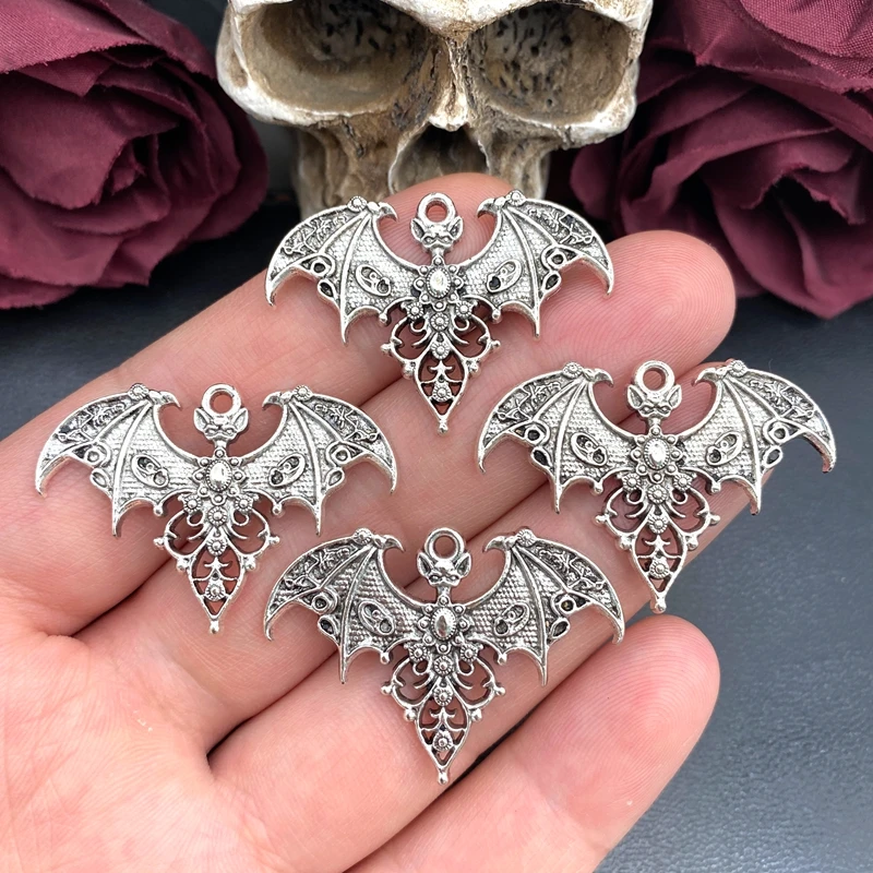 5pcs Gothic Vampire Bat Charms Antique Silver Baroque Bat Pendant for Necklace Earrings Making DIY Halloween Jewelry Accessories