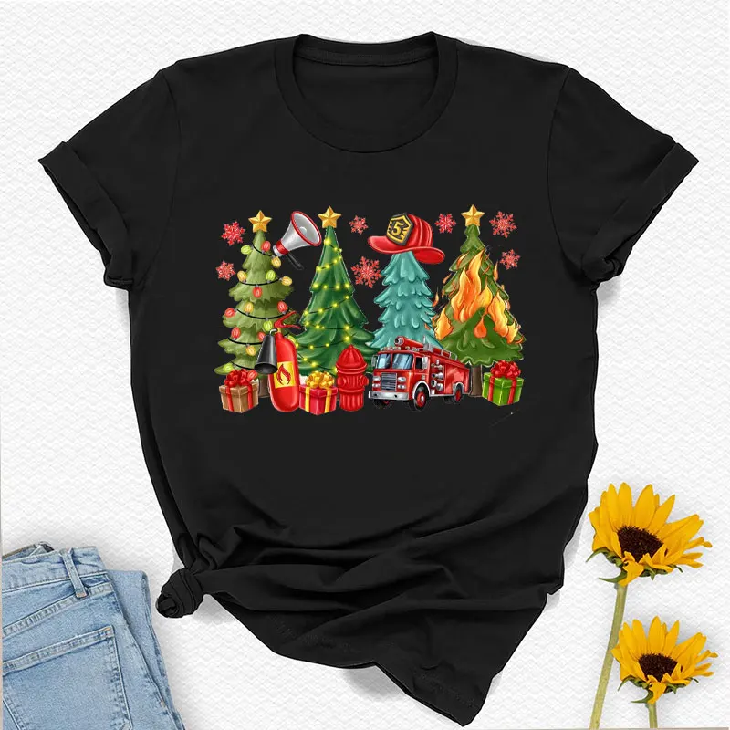 المرأة عيد الميلاد قسم الإطفاء رجال الاطفاء الأشجار تي شيرت رجال الاطفاء عيد ميلاد سعيد القطن المحملة التسامي تتجه تي شيرت