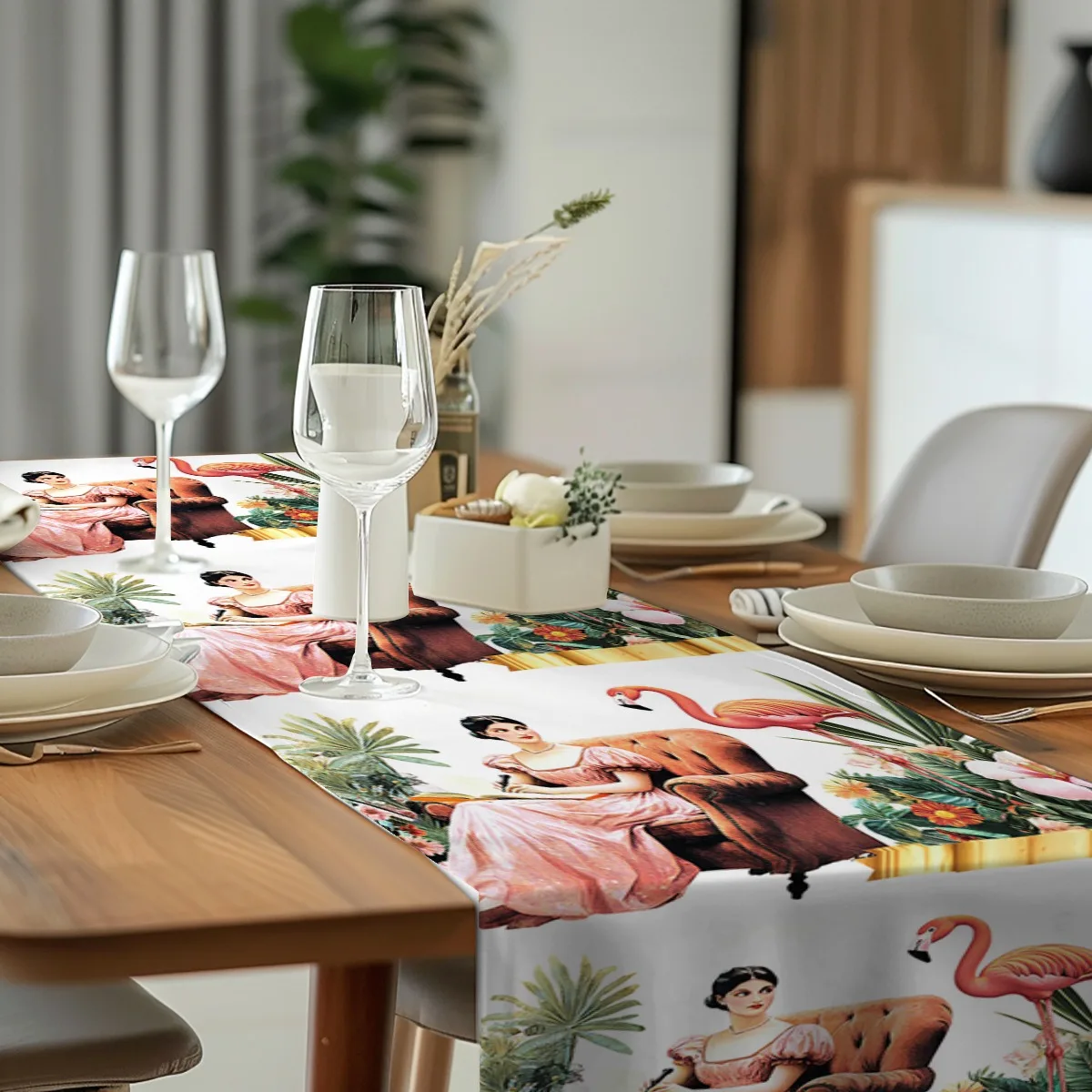 decorations table runner Flamingo and Tropical Flowers Vintage Style Long cloth for party decoration kitchen and farmhouse table 2