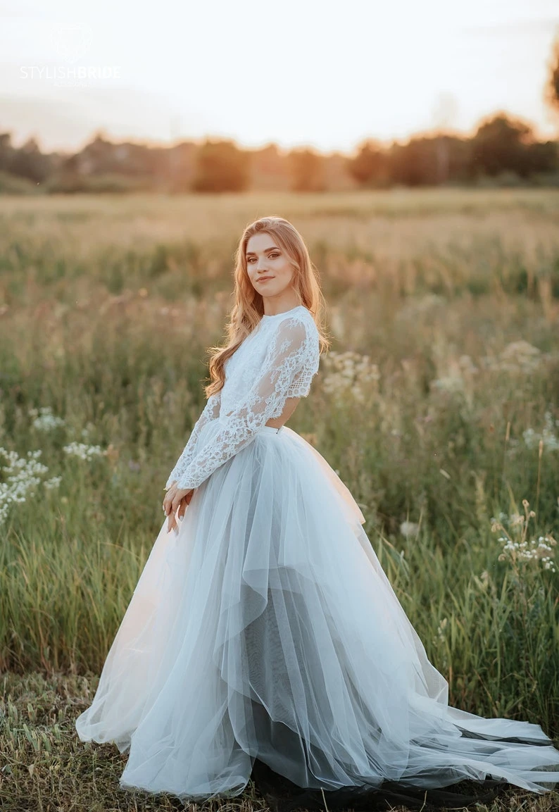 أبيض وأسود ماجيك أومبير تنورة وصوفيا بوهو عارية الذراعين قمة الزفاف الجديدة يفصلها بواسطة Stylishbrideaccs فستان الزفاف الأسود والأبيض