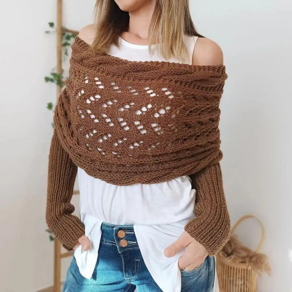 Shawl Scarf with Sleeves Bohemian Style Knitted Cable Wrap Scarf with Sleeves Soft Hollow Crochet Pattern Shawl for Women