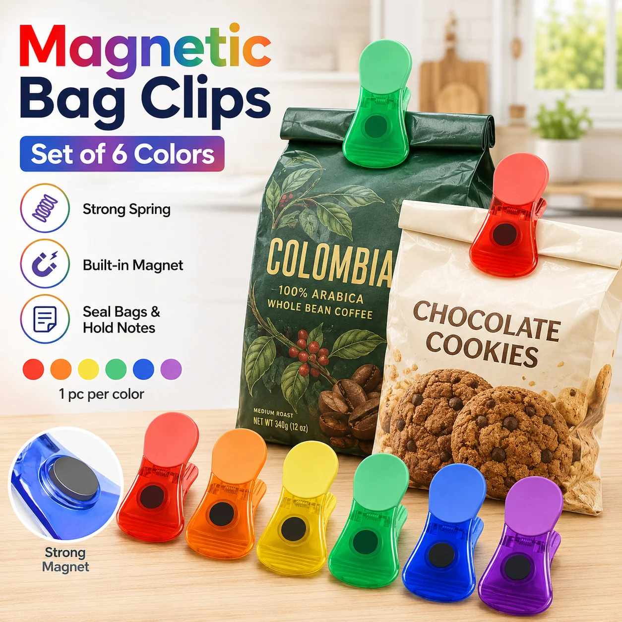 Food Storage Notes - Zestaw 6 szt. magnetycznych klipsów do