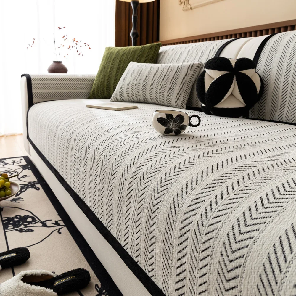 Chenille Sofa Cushion Cover, Herringbone Pattern Non-slip Couch Pad, Soft Durable All-season Furniture Protector for Living Room