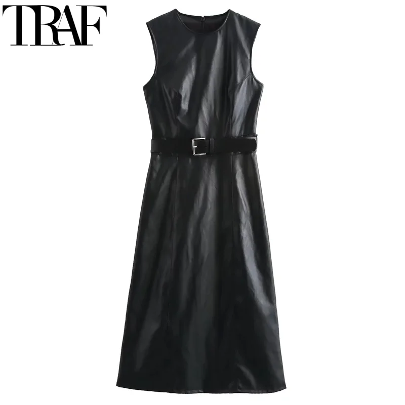 TRAF Womens Dresses Faux Leather Midi Dress Women Sleeveless Elegant Long Dresses Woman Autumn Winter Belt Black Party Dress