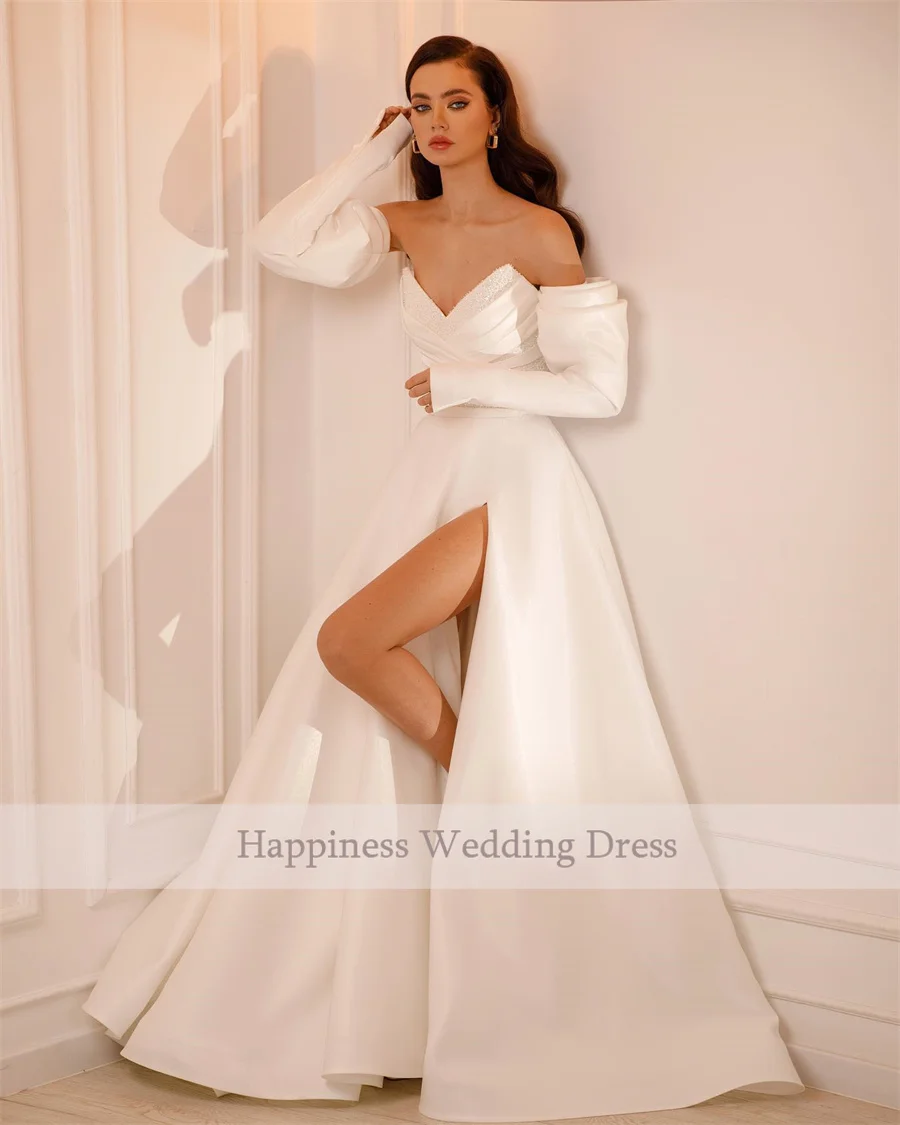 فساتين زفاف مخصصة مكشوفة الكتف بفتحات عالية من الساتان على شكل حرف a 3/4 أكمام قابلة للإزالة بدون ظهر وسحاب فساتين سهرة