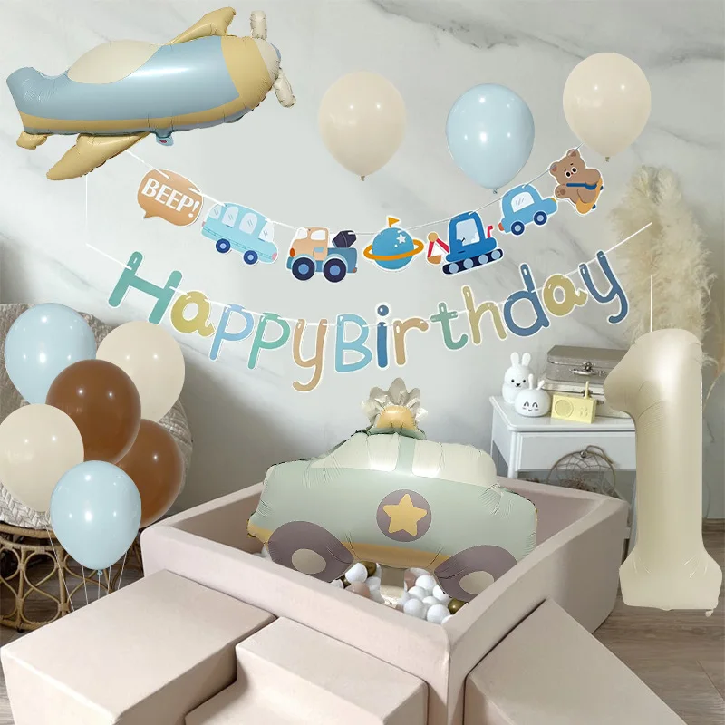 16pcs Cream Number Car Airplane Foil Balloons 1st Birthday Party Decor Kids Girl Boy Baby 1 2 3 4 5 6 7 8 9 Year Old Supplies