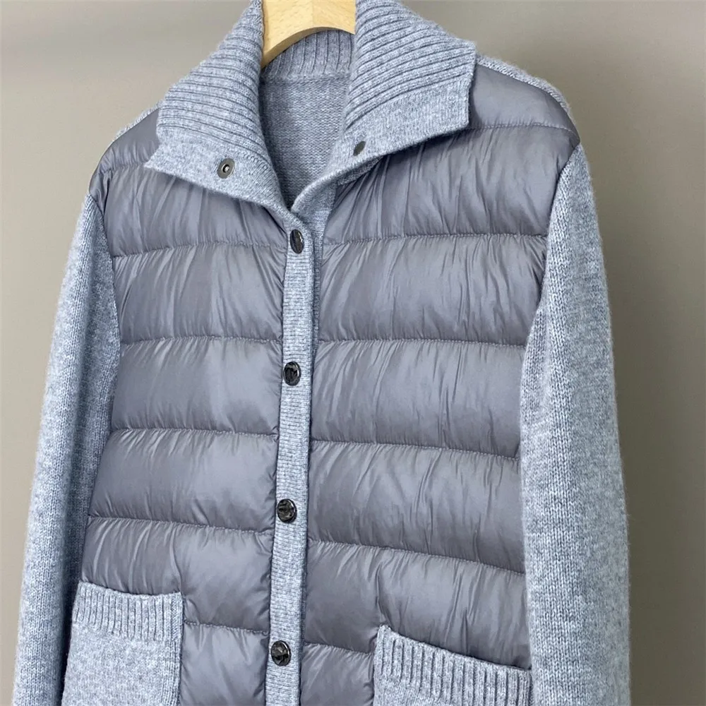 Damen Daunenjacke Kaschmir Gestrickte Ärmel Getäfelte Gänsedaunenmantel Herbst Winter Damenbekleidung