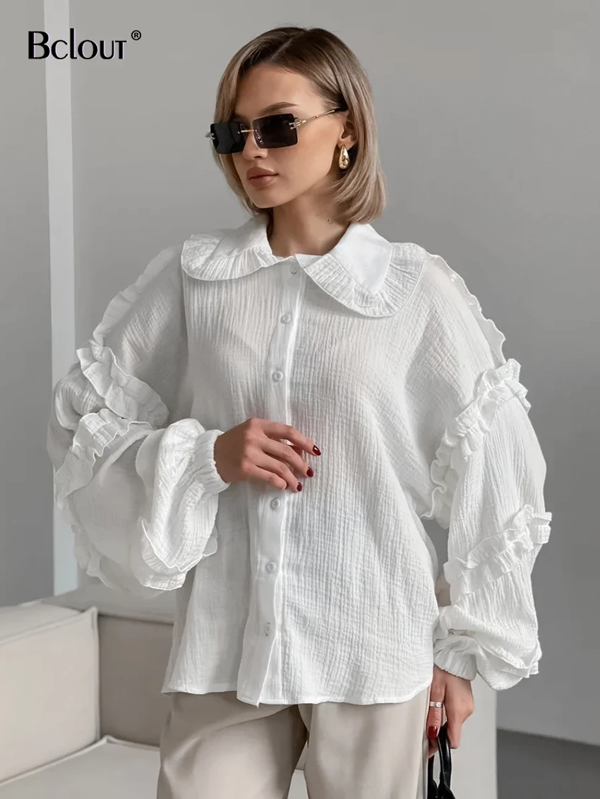 

Bclout Fashion Cotton White Shirts Blouses Women Vintage Lantern Sleeve Loose Ruffled Shirts Elegant Solid Party Blouses Female