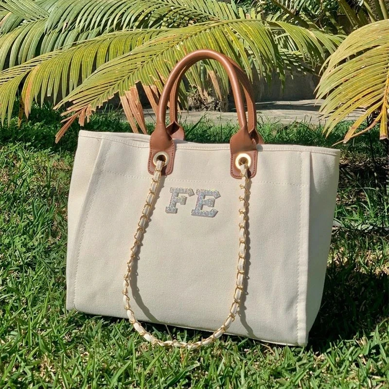 Custom Luxury Canvas Chain Tote Bag, Monogram Tote Bag, Canvas Chain Beach Shopping Tote Bag, Personalized Weekend Hand Bag