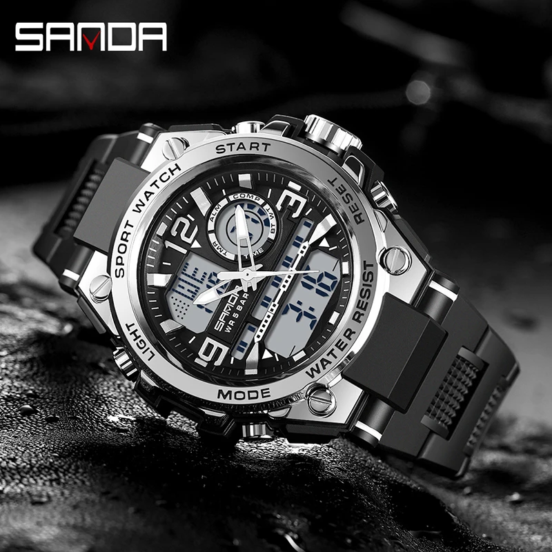 

SANDA 6024 Men Fashion Sports Watches Dual Display Digital Silicone Strap Quartz Watch For Men 50M Waterproof LED Men Wristwatch