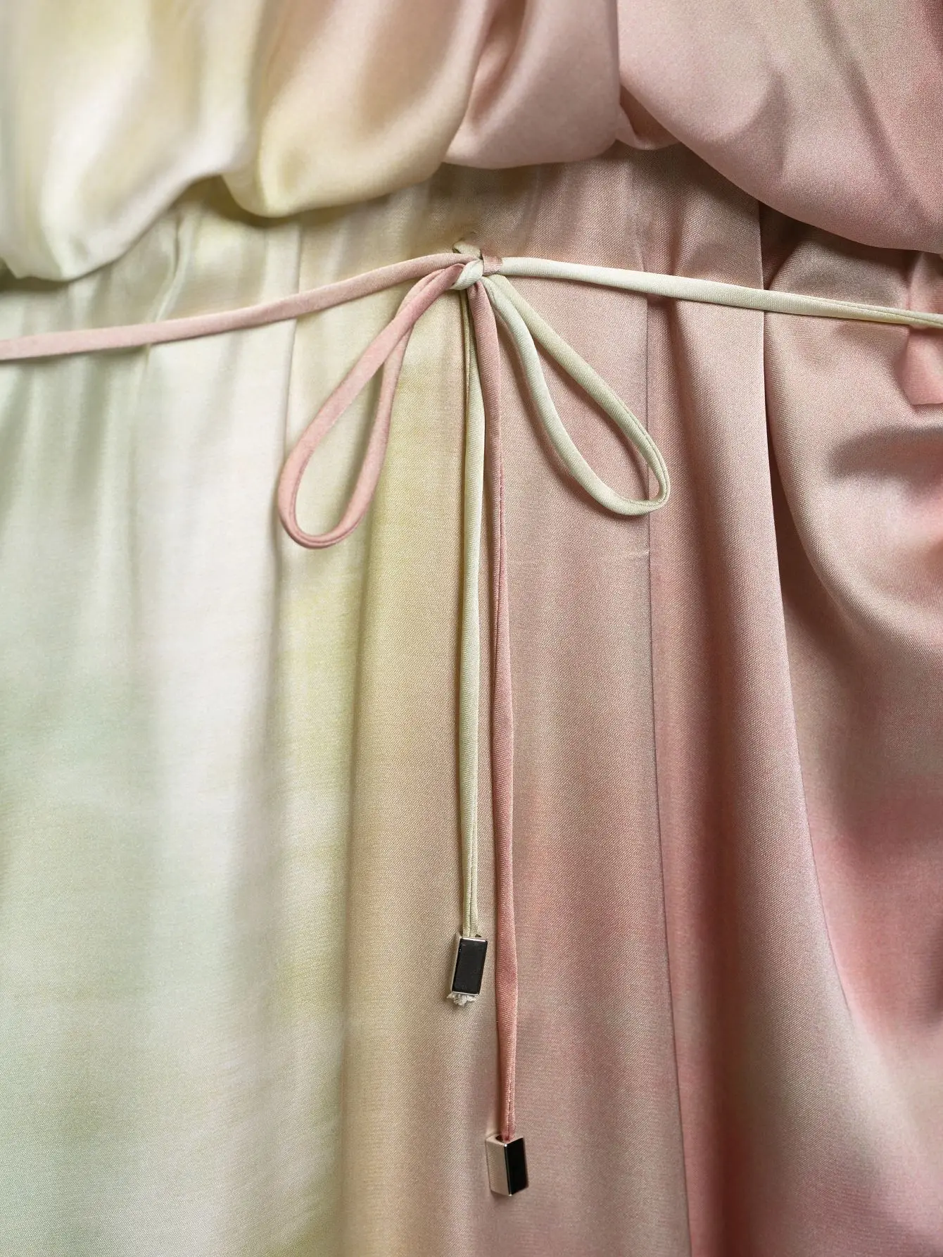 Women's Satin Belt Decoration O-Neck Short Sleeve Midi Dress Summer Ladies Fashion Tie-Dye Printed Back Zipper Party Dress