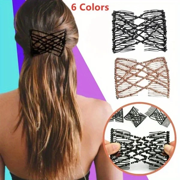 Beaded Magic Double Hair Comb with Elastic Rope, Flexible Stretch Hair Clip for Women, Easy DIY Hairstyle Maker Bun Holder Hair
