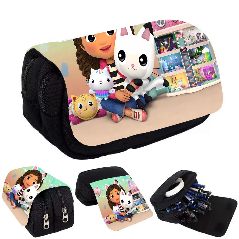 Gabbys Dollhouses Pencil Case Anime Double Layer High-capacity Zipper Stationery Box Storage Bag Pencil Case Kid Birthday Gifts