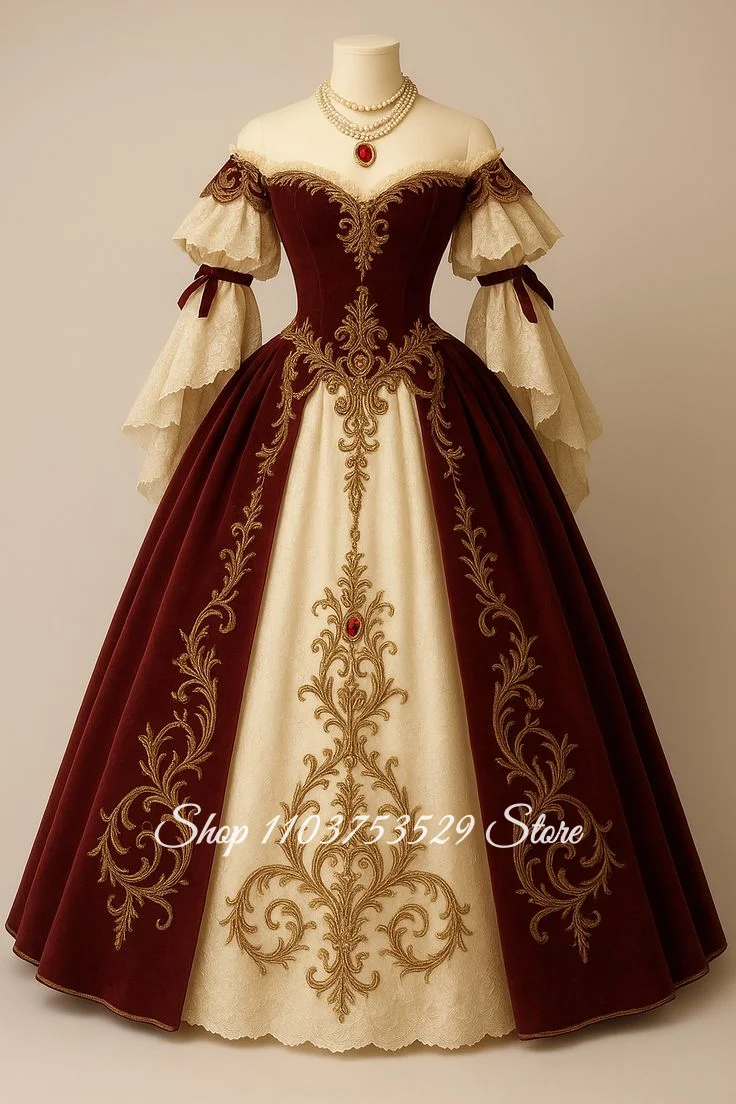 Customised Vintage Victorian Burgundy Ball Gown Embroidered Off Shoulder Long-Sleeve Evening Dress Special Occasion Ball Gown