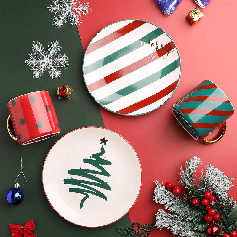 Christmas Dinner Bowl and Mug Plate Set, Dessert, Cake, Salad Ceramics Dinnerware,Crockery, Kitchen Table Decorations