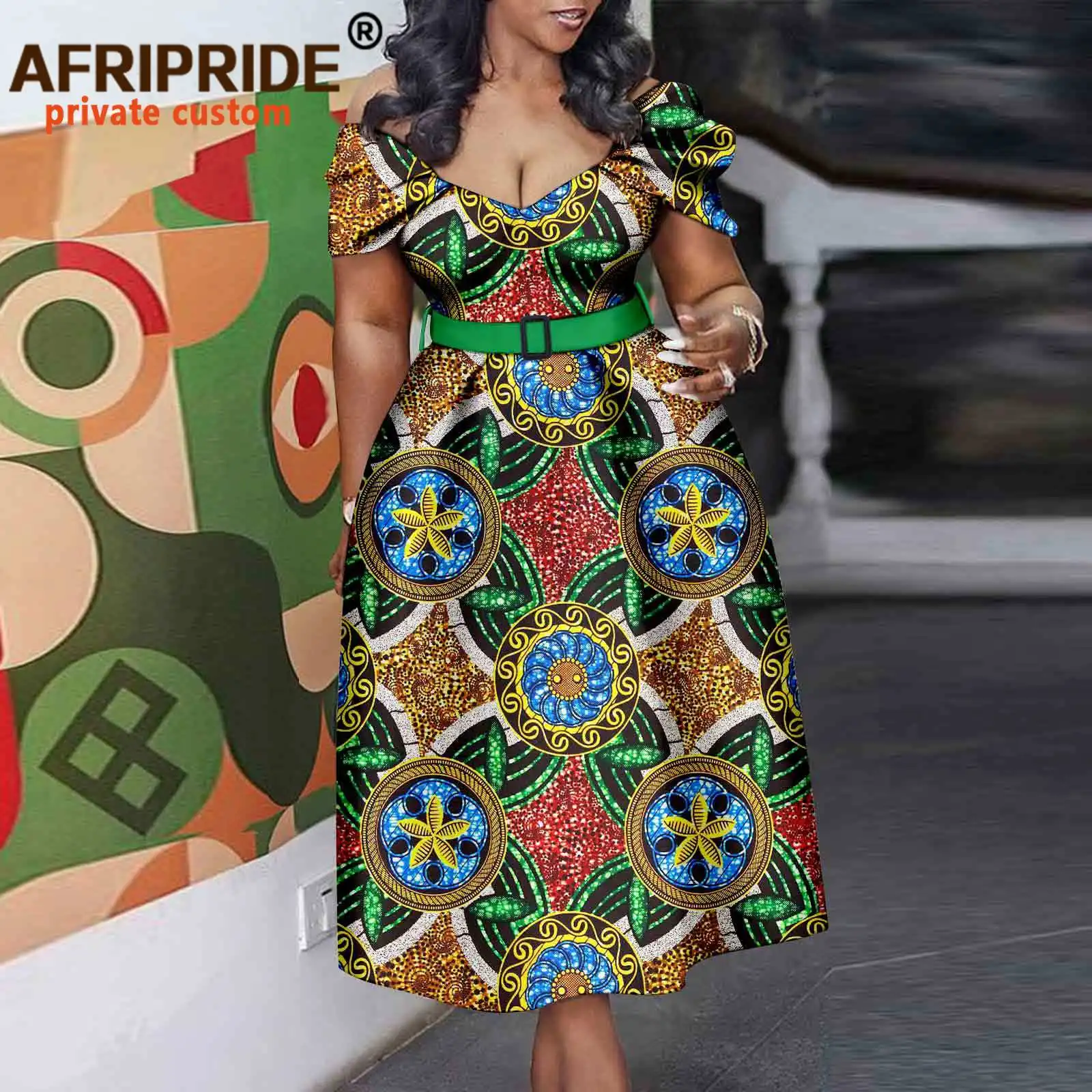 

Afripride Ankara Dresses for Women African Clothing Ruffle Shoulder Mid-Calf Length Casual Dress Tailor Made A2225019