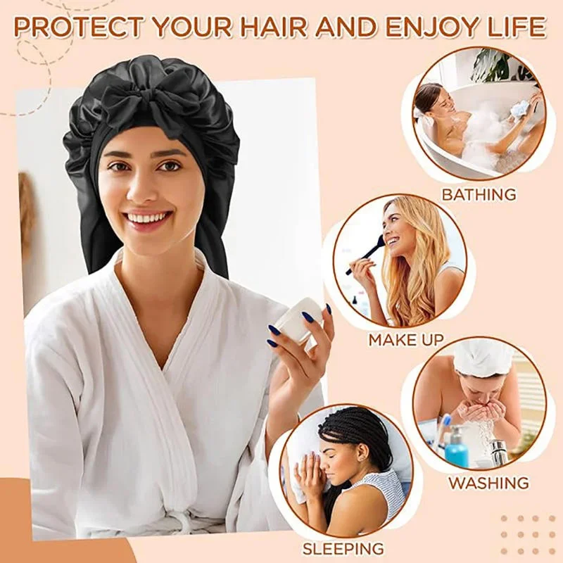 قبعة نوم حريرية طويلة مقاس XL، قبعة نوم كبيرة الحجم من الساتان، حزام فضفاض وضيق مع رقعة عين للنوم ومشط مجوف للتدليك مضاد للكهرباء الساكنة