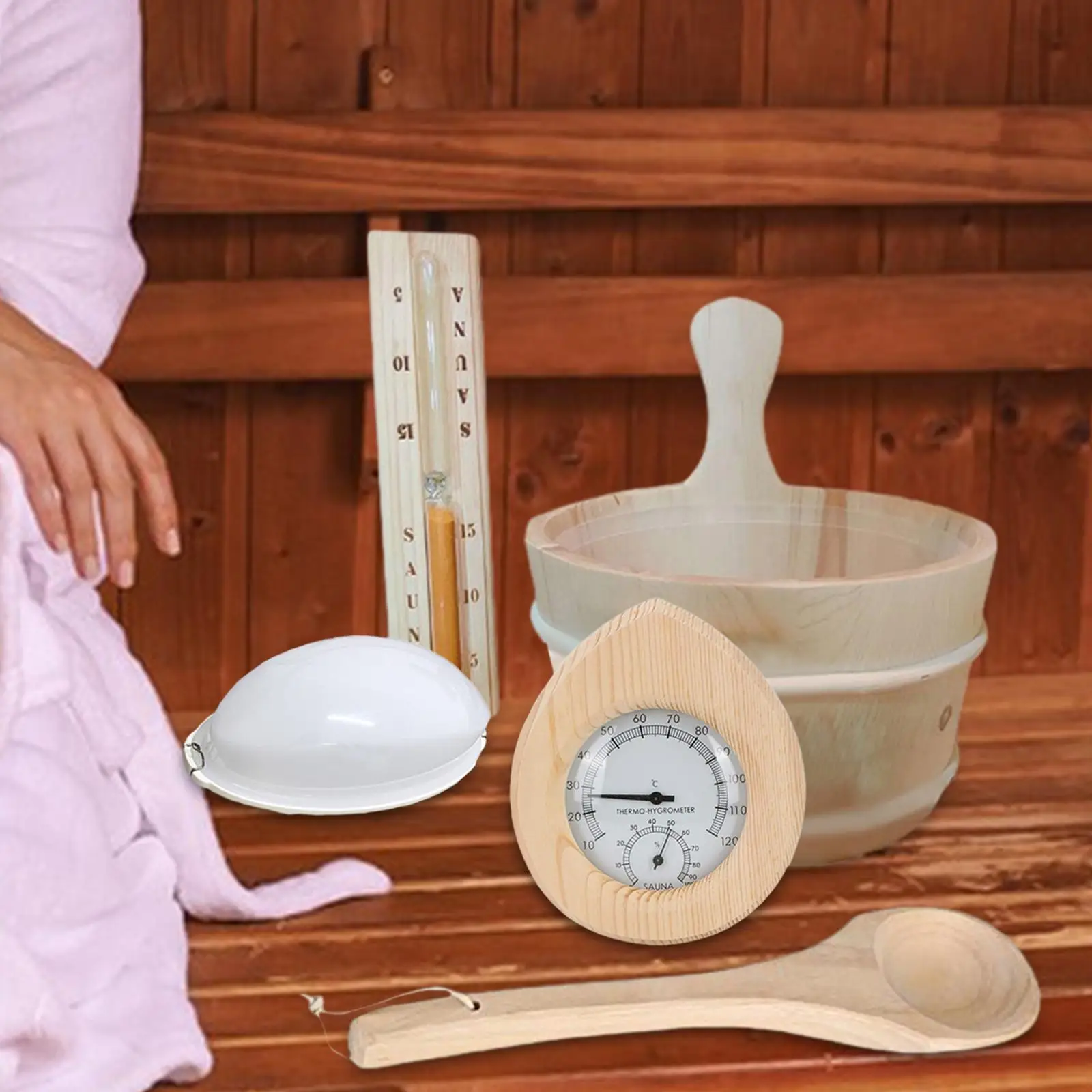 

Sauna Accessories Set Sauna Wooden Bucket and Ladle Kit Temperature and Humidity Meter for Houses Hotels Sauna Room Bathing SPA