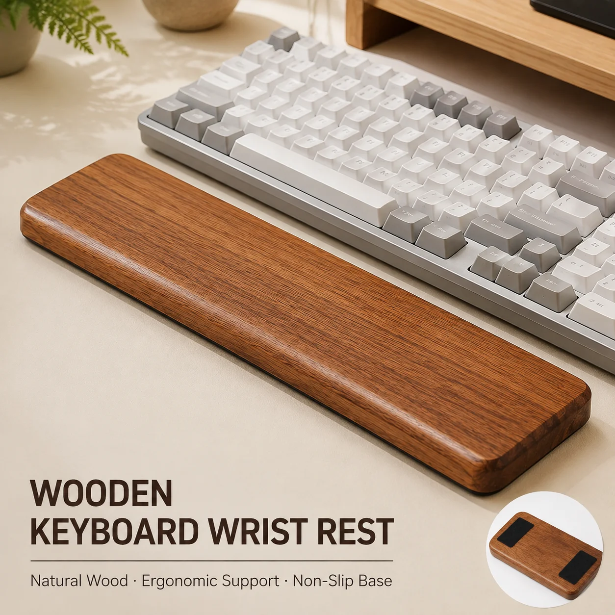 Ergonomic Solid Wood Keyboard Wrist Rest Wooden Palm Rest for 87 Key Mechanical Keyboard with Non Slip Base Desk Accessory