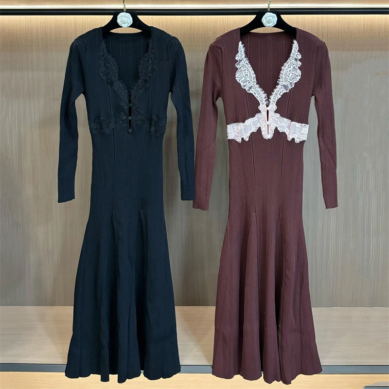 

Женское платье: Новое эластичное трикотажное облегающее платье с V-образным вырезом, длинное, на весну 2026 года, с кружевными вставками, подчеркивающее бедра, для вечеринок