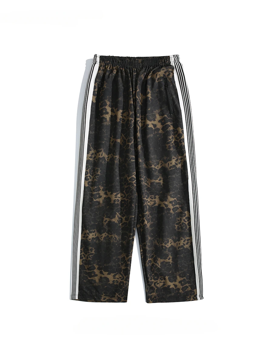 Men's Side Spliced Striped Embroidery Logo Leopard Print Straight Pants Trendy Street American Handsome Casual Loose Trousers